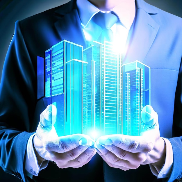 Biznesowy mężczyzna z projekta nowożytnym budynkiem błękitnym hologramem Nieruchomość dla inwestycji