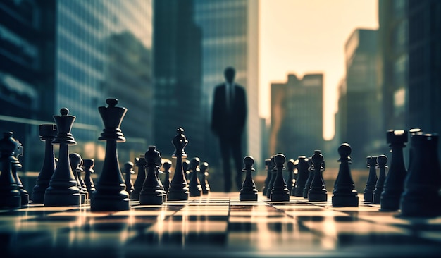 Biznesowy szachowy król na desce stojącej przed budynkami
