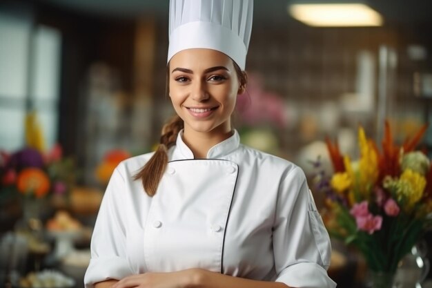 bizneswoman chocolatier stojąca w swoim sklepie ze skrzyżowanymi ramionami patrząca na aparat AI Generative