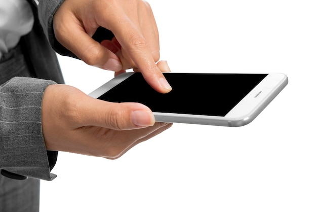 Bizneswoman dotyka pustego czerń ekran telefon komórkowy