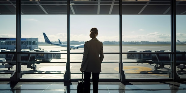 Bizneswoman patrząca przez duże okno terminala lotniska na terminal samolotów i odlotów międzynarodowego lotniska
