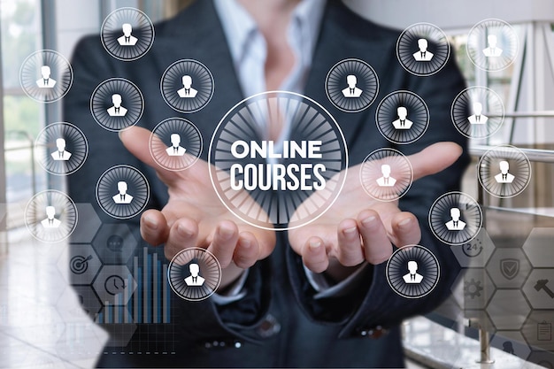 Bizneswoman pokazuje cyfrowy system ikon postaci ludzkich ze znakiem online w środku Koncepcja jest zasadą kursu biznesowego online