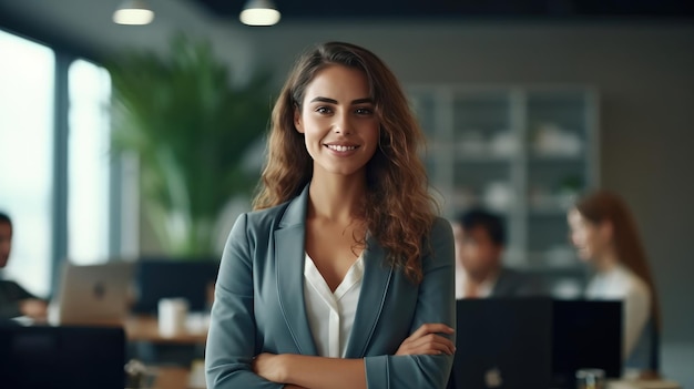 Bizneswoman stojąca kompetentna i uśmiechnięta stojąca w biurze
