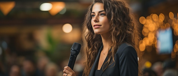 Zdjęcie bizneswoman występuje na konferencji z podium