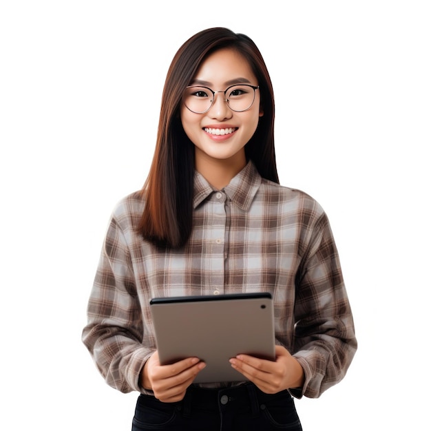 Bizneswoman z komputerem typu tablet na białym tle Ilustracja AI GenerativexA