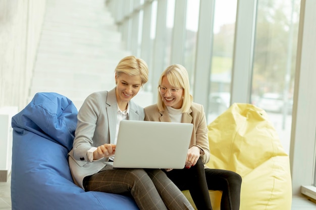 Bizneswomany używające laptopa na leniwych torbach w nowoczesnym biurze