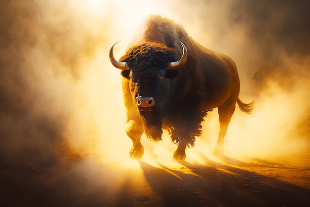 Zdjęcie bizon biegnie przez kurz w nasłonecznionym obszarze obrazu generative ai