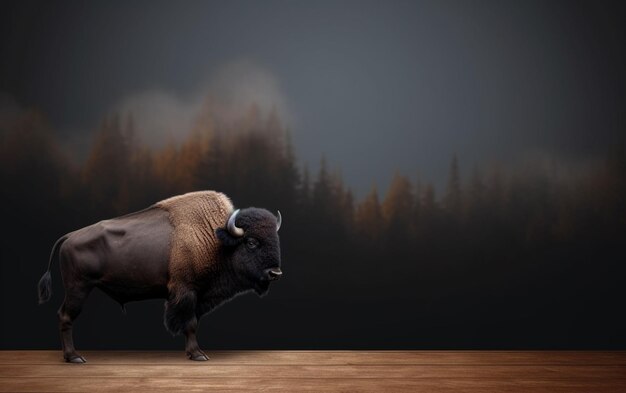 Zdjęcie bizon stoi przed ciemnym tłem.