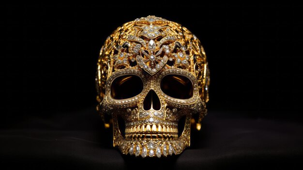 Biżuteria czaszki wykonana ze złotych rubinów i topazów na czarnym tle