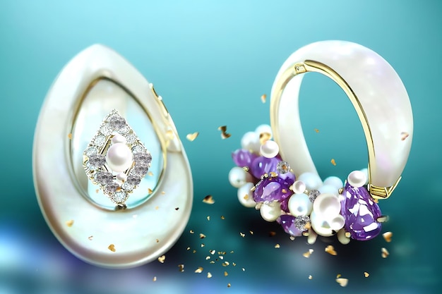 biżuteria srebrny pierścionek i kolczyk z liliowym topazem biała perła i drobnymi diamentami luksusowa modna kobieta