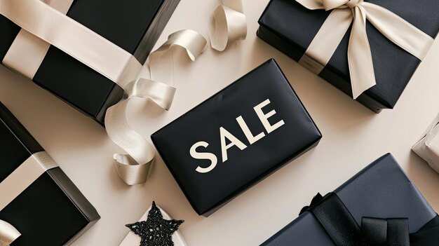 Zdjęcie black gift boxes with sleek ribbons each adorned with the word sale in a modern and minimalist style creating a sophisticated and impactful representation of discounted offerings