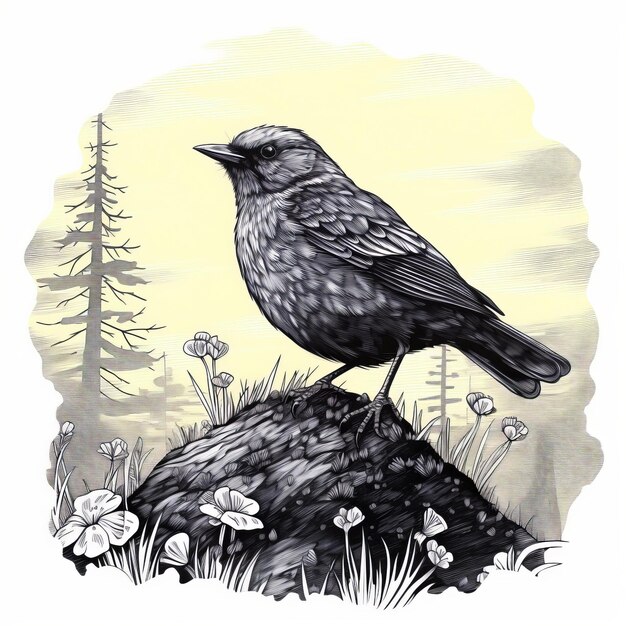 Blackbird Line Art On Moss Piękna ilustracja przyrody
