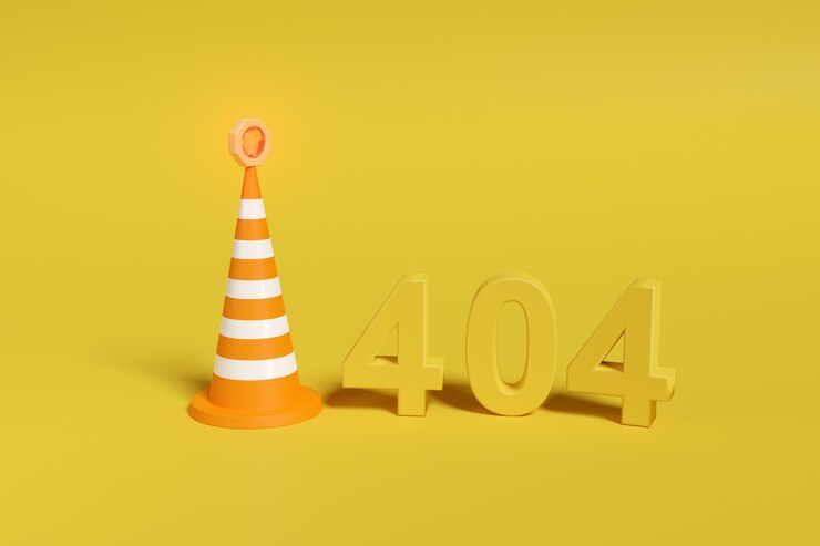 Zdjęcie błąd 404. numer 404 w trzech wymiarach obok stożka bezpieczeństwa.