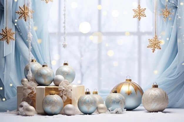 Blado-niebieski vintage świąteczny śnieżny tło z złotymi i niebieskimi zabawkami świątecznymi z łukami