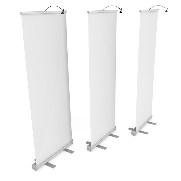 Blank Roll Up Banner Stands z różnymi kątami Stoisko targowe białe i puste renderowanie 3d