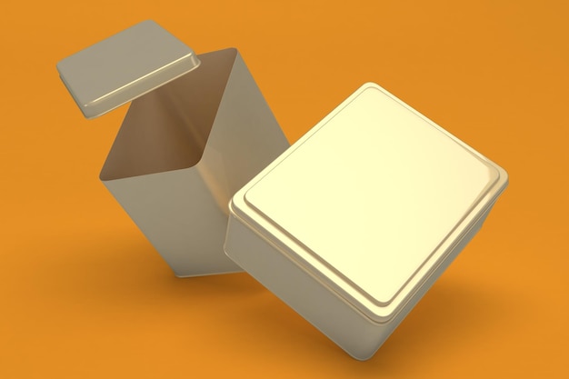 Blaszane pudełka w różnych rozmiarach po stronie perspektywy na białym tle na pomarańczowym tle
