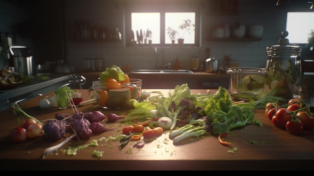 Blat kuchenny z warzywami i oknem w tle.