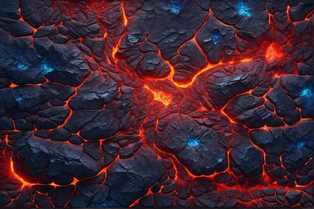 Zdjęcie błękitna i czerwona tekstura lawy tło świecąca tekstura lawy tło przepływ magmy przepływ lawy pęknięty lawa ai generatywny