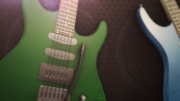 Zdjęcie błękitna i zielona gitara elektryczna z dużą zakończenia 3d ilustracją