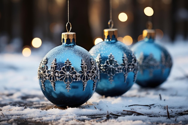 Błękitna kula bożonarodzeniowa na zimowym krajobrazie