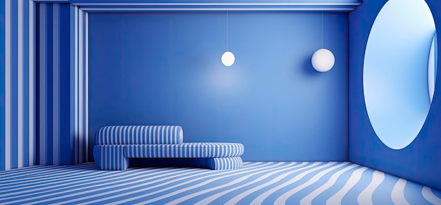 Zdjęcie błękitna paskowa sypialnia o kształcie geometrycznym z nowoczesną luksusową kanapą 3d