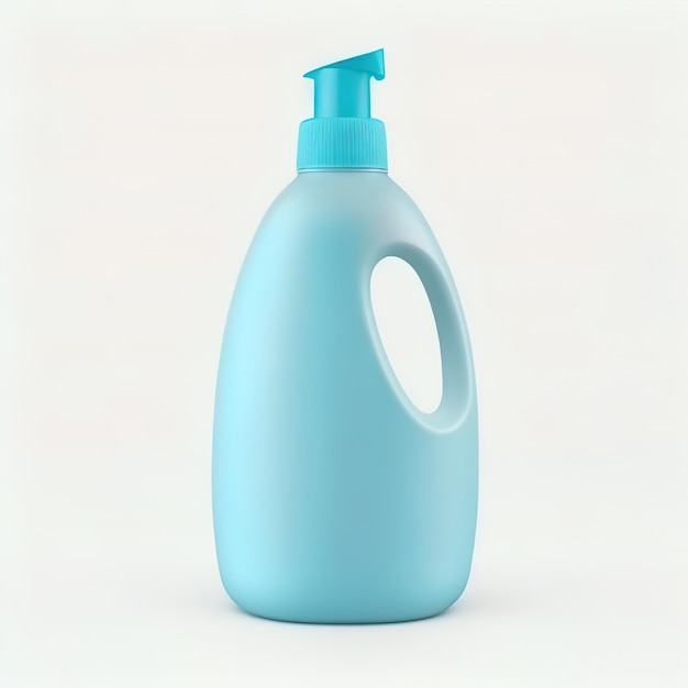 Błękitna plastikowa butelka z czyszczącymi substancjami chemicznymi na białym tle