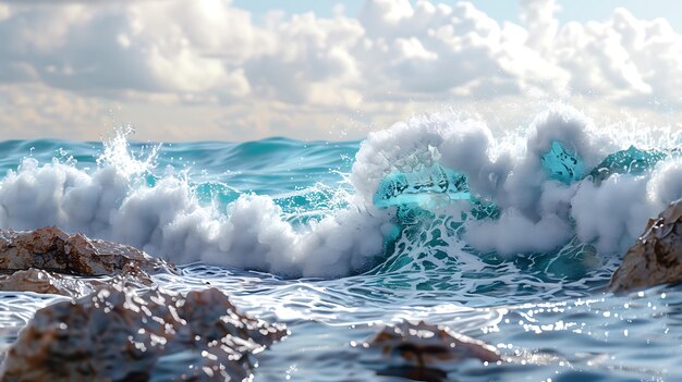 Błękitne fale uderzające w skalisty brzeg To zdjęcie uchwyca moc i piękno oceanu