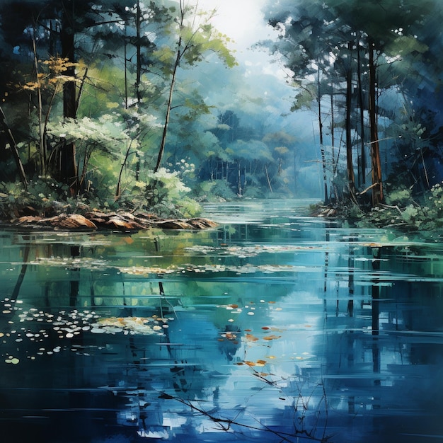 błękitne jezioro z drzewami i błękitną wodą w lesie w ueda