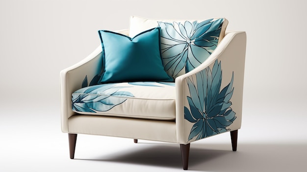 Zdjęcie błękitne krzesło akcentujące wnętrze w neutralnych kolorach