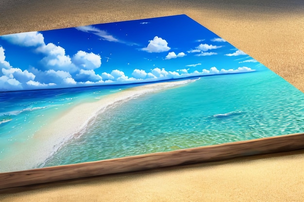 Zdjęcie błękitne morze, żółta plaża, naturalna sceneria, tło, talerz owoców, dekoracja, tapeta, ilustracja
