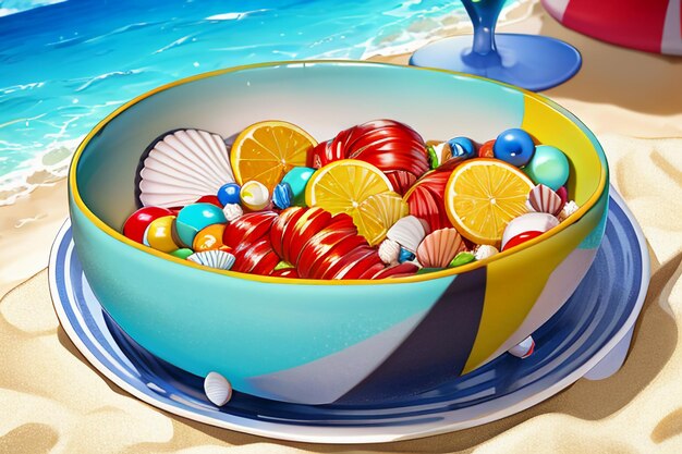 Błękitne morze, żółta plaża, naturalna sceneria, tło, talerz owoców, dekoracja, tapeta, ilustracja