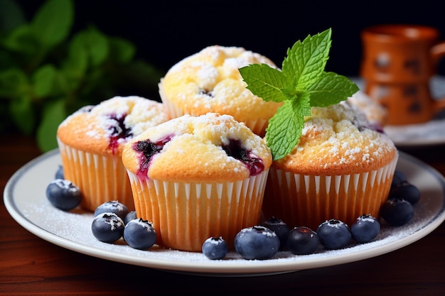 Błękitne muffiny na białym talerzu Świeżo upieczone dobra