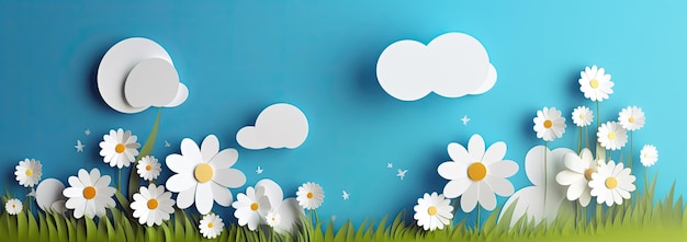 Błękitne niebo, białe kwiaty i chmury przedstawiające scenę wiosennej generatywnej sztucznej inteligencji