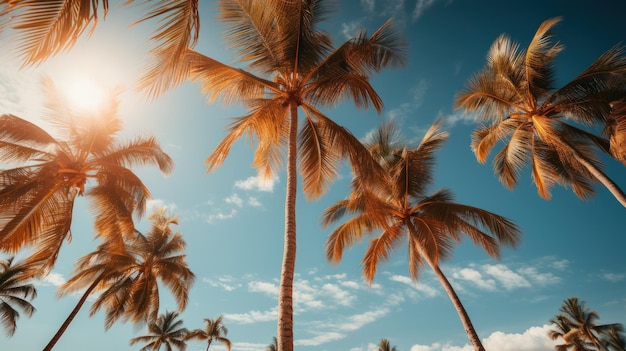 Błękitne niebo i palmy widok spod tropikalnej plaży i letniego tła