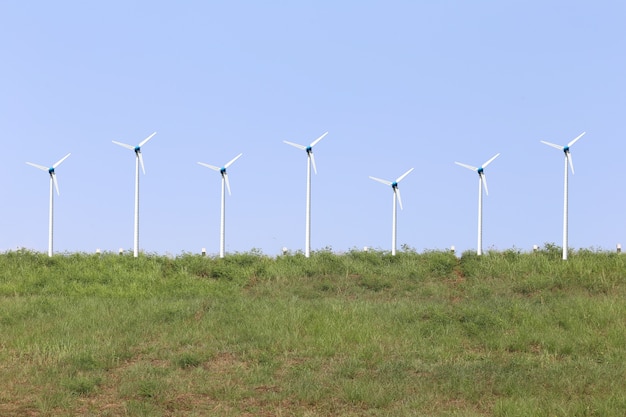błękitne niebo i turbiny wiatrowej na zielony trawnik w lecie.