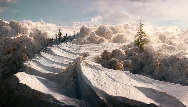 Błękitne niebo nad ośnieżonymi górami, pierwsze snowboarding w perspektywie