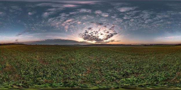 Błękitne niebo przed zachodem słońca z pięknymi niesamowitymi chmurami pełna bezszwowa sferyczna panorama hdri 360 stopni kąt widzenia wśród pól wieczorem w projekcji równoprostokątnej gotowa na treści VR AR