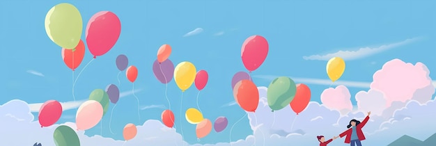 Błękitne niebo z balonami unoszącymi się w powietrzu.
