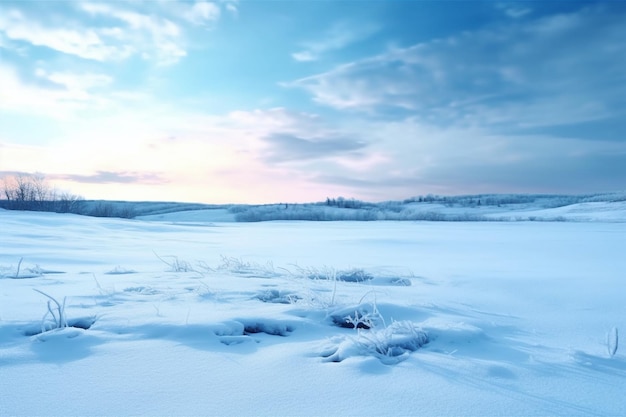 Błękitne niebo z chmurami i śniegiem na ziemi