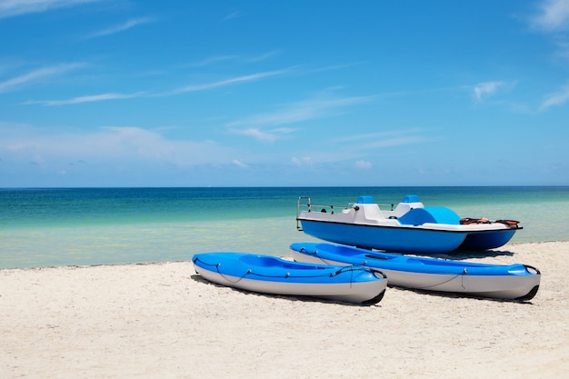 Błękitni Kajaki Na Plaży Cayo Blanco Wyspa W Morzu Karaibskim