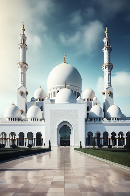 Błękitny meczet z białą kopułą i napisem szejk zayed