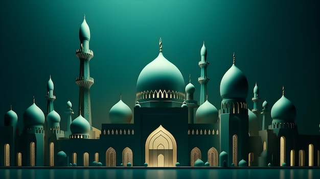 Błękitny meczet z zieloną kopułą i technologią generatywną AI na niebieskim tle