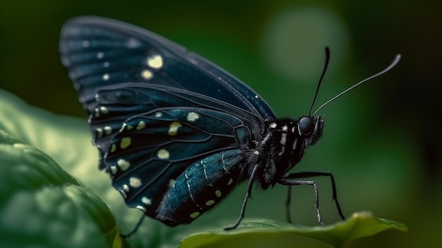 Błękitny motyl z białymi kropkami siedzi na liściu.