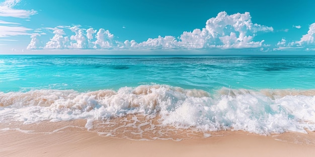 Błękitny ocean, piasek i niebieskie niebo Generatywna sztuczna inteligencja