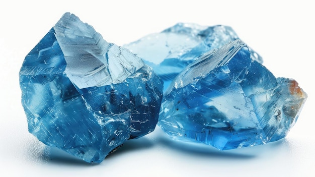 Błękitny topaz londyński Szorstki szlachetny kamień na białym tle Niebieski kamień wciąż w surowym kształcie
