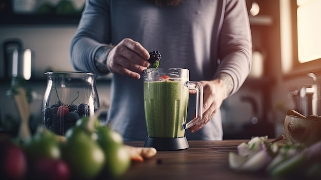 Zdjęcie blender smoothie i ręce mężczyzny ze zdrową żywnością w domowej kuchni na dietę wegańską