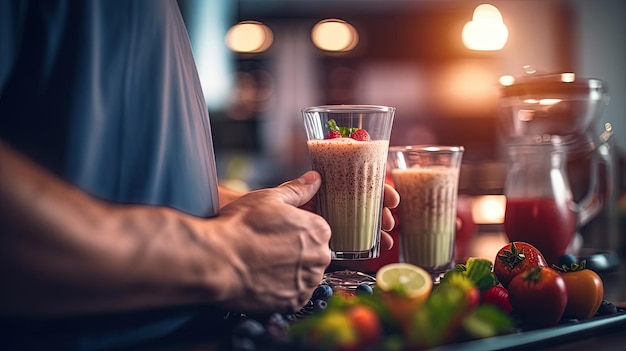 Zdjęcie blender smoothie i ręce mężczyzny ze zdrową żywnością w domowej kuchni na dietę wegańską