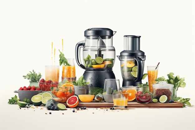 Blender z składnikami smoothie na białym tle 3D rendering