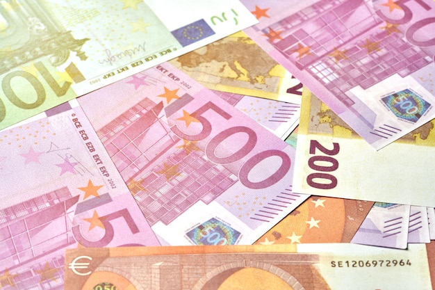 bliska Banknoty euro lub pieniądze euro. Tło gotówki euro