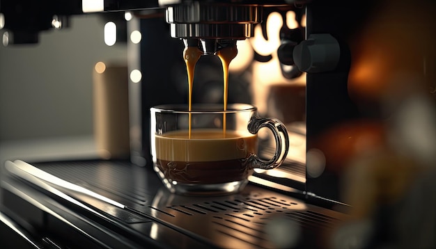 Bliska ekstrakcja kawy lub nalewanie espresso z ekspresu do kawy z zachodem słońca Generative Ai